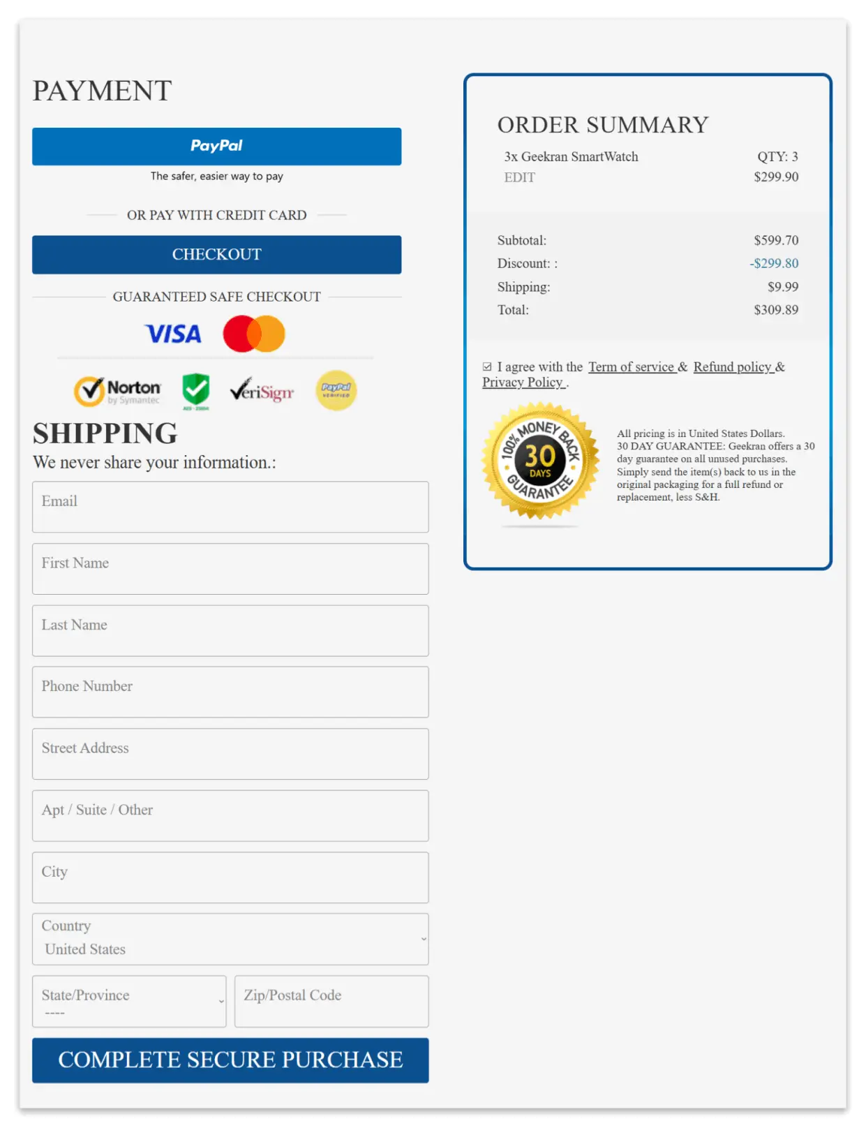 Geekran SmartWatch Secure Checkout Page